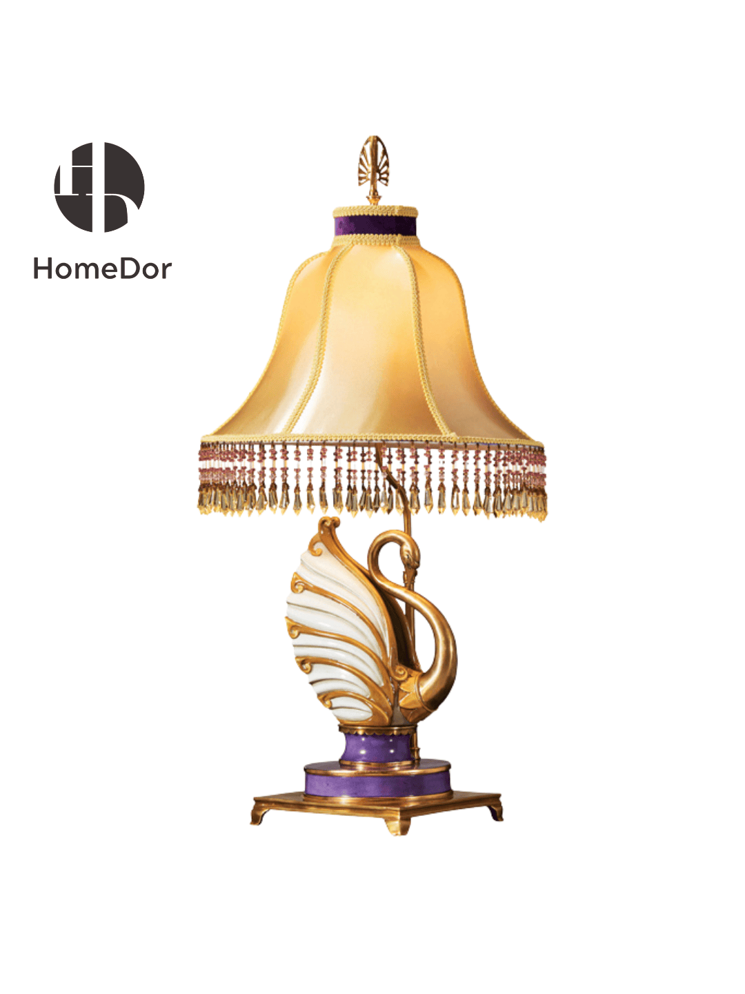 HomeDor × FH&Home | Luxury Porcelain Gold and Purple Swan Table Lamps with Tassel Trimmed Shade & Brass Details5
