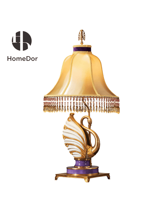 HomeDor × FH&Home | Luxury Porcelain Gold and Purple Swan Table Lamps with Tassel Trimmed Shade & Brass Details5