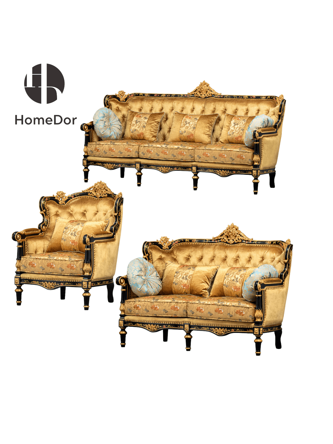 HomeDor × FH&Home | Misty Rose Series Luxury Golden Velvet Sofa Set with Ornate Trims1