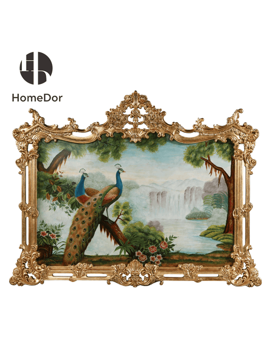 HomeDor × FH&Home | Opulent Baroque Carved Frame Peacock & Natural Wall Decor