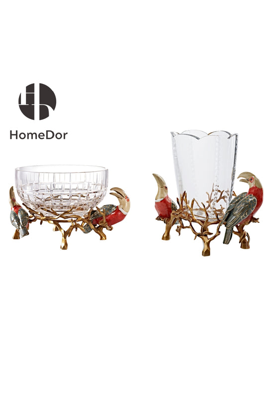 HomeDor × FH&Home | Prague Collection Crystal Glass Fruit Bowl & Vase with Toucan