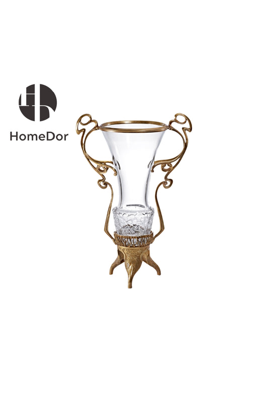 HomeDor × FH&Home | Prague Collection Elegant Crystal Glass Vase with Brass Handles