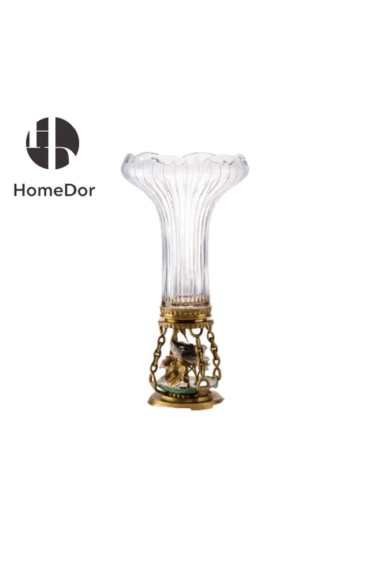 HomeDor × FH&Home | Prague Collection Ornate Crystal Fluted Vase with Brass Bird and Vine Base