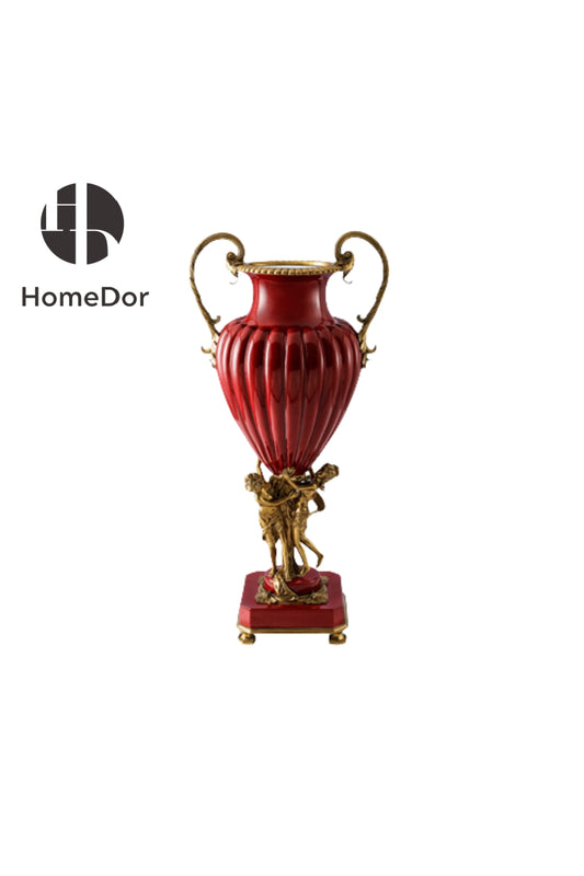 HomeDor × FH&Home | Regal Red Twin-Handled Vase with Sculpted Brass Cherubs Base