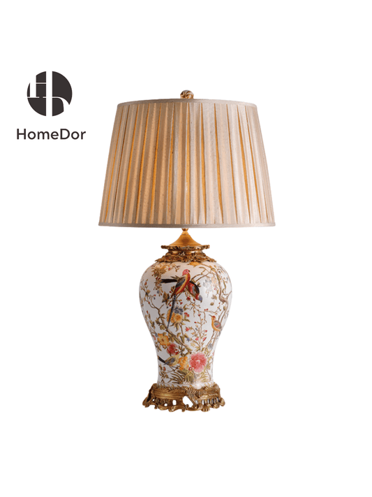 HomeDor × FH&Home | Vintage Style Porcelain Table Lamp with Avian Motifs and Golden Accents