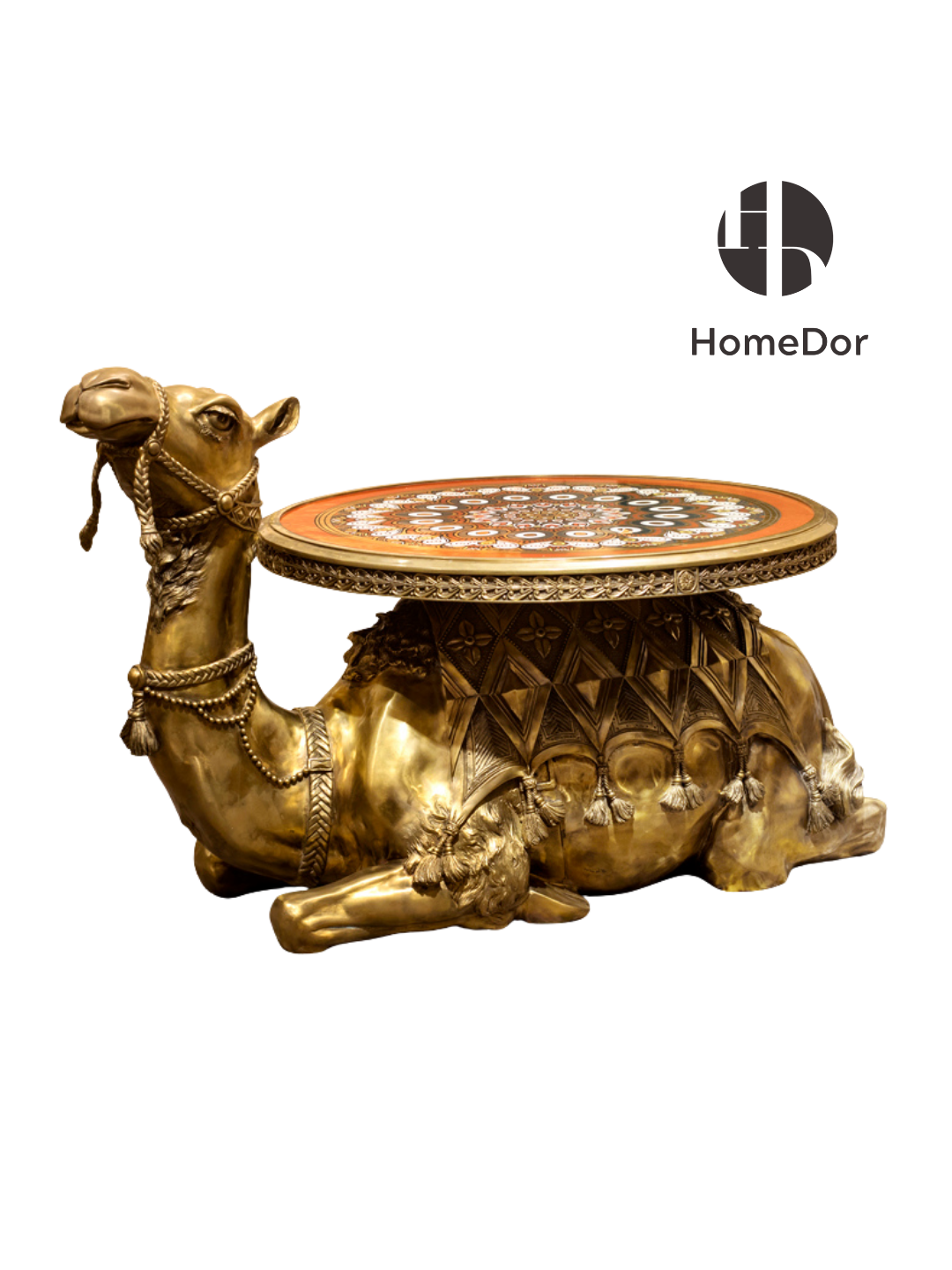 Gold camel-shaped table with a decorative top on a white background, featuring the HomeDor brand.