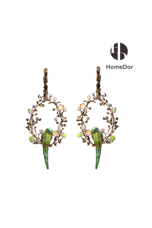 HomeDor HomeDor × FH&Home | Artistic Hanging Wall Decor of Parrot Perched on Floral Hoop-Wall Decor-Pair A Includes Both Left and Right Sides-