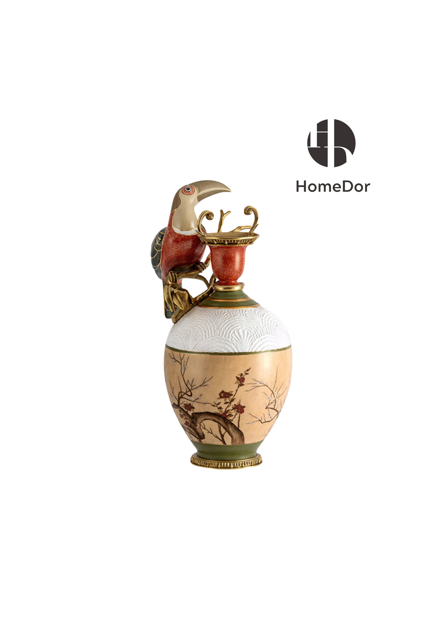 HomeDor HomeDor × FH&Home | Opulent Nature-inspired Porcelain Vase with Intricate Toucan-Vases & Vessels-Right/L25cm × W18cm × H44cm-