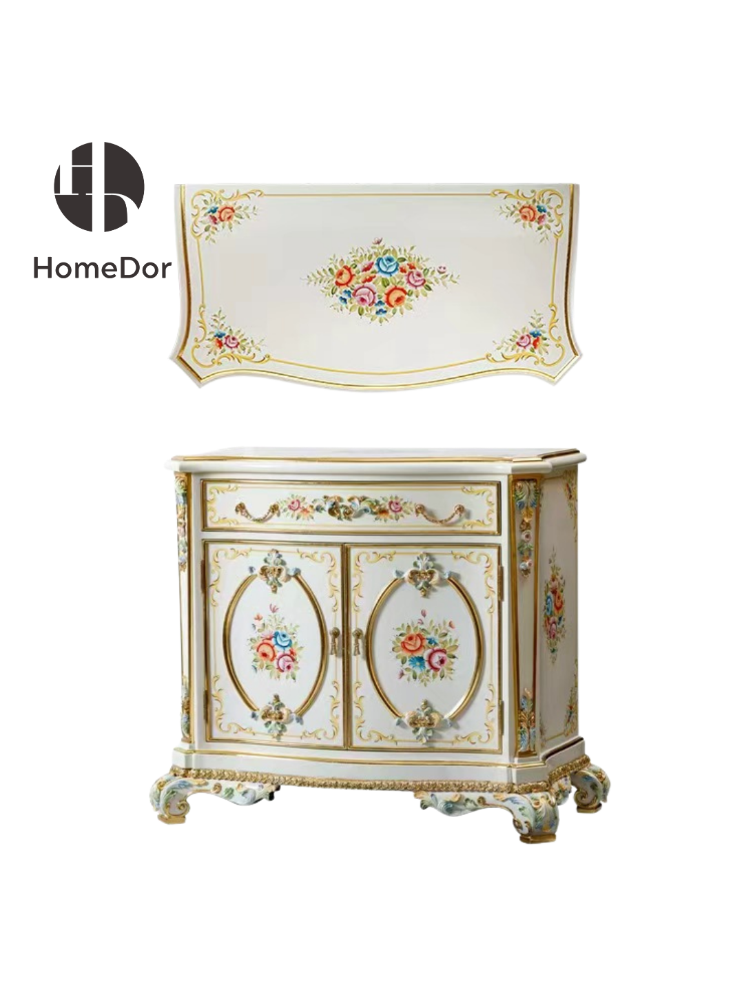 HomeDor × FH&Home | Classic Rococo Elegance Ivory Floral Side Cabinets