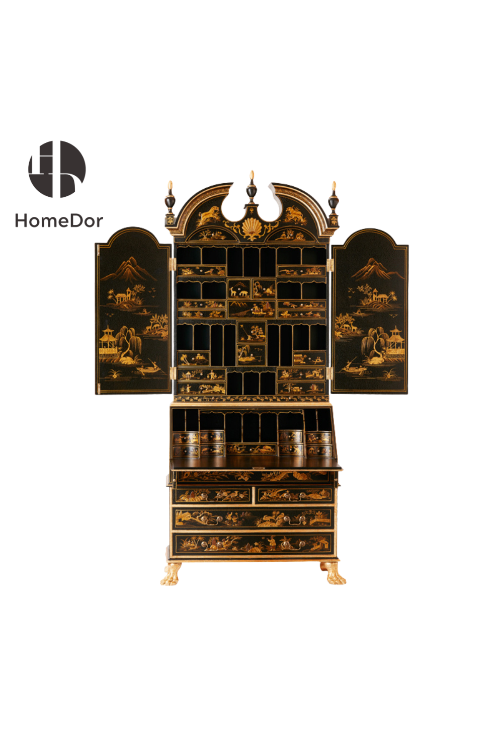 HomeDor HomeDor × FH&Home | Luxury Red & Black Lacquer Secretary Bookcase with Gold Landscapes-Black: L109cm x W60cm x H241cm-