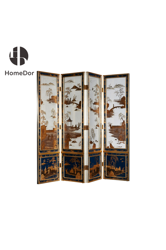 HomeDor HomeDor × FH&Home | Chinoiserie 4-Panel Blue Lacquer Paravan with Gold Landscape Motifs-4 Pieces/L56cm x W5cm x H209cm-