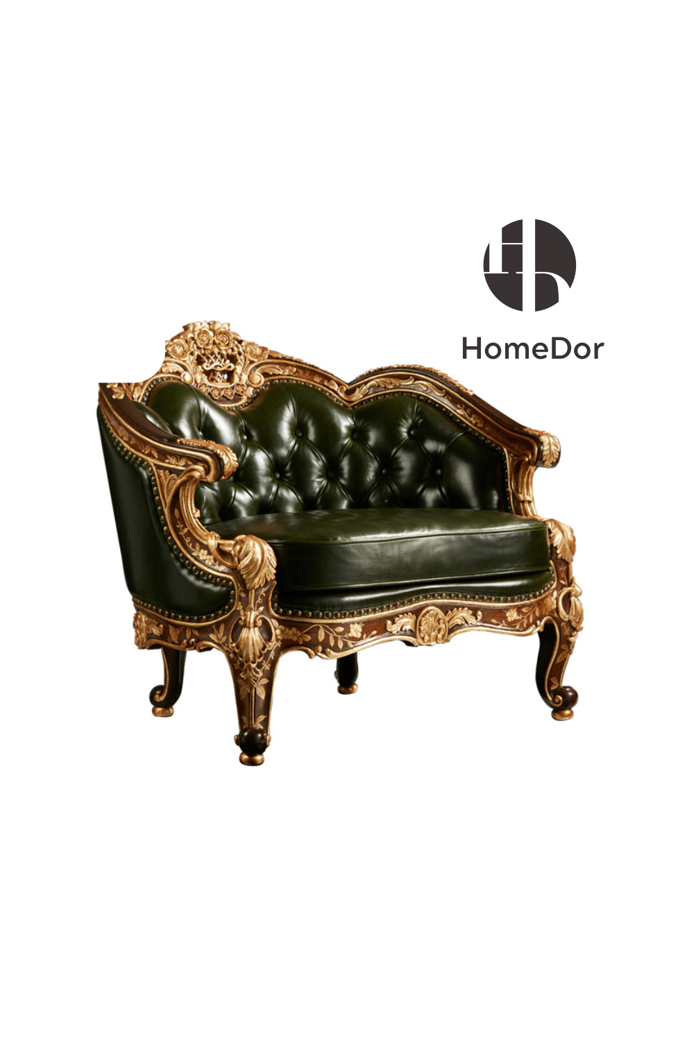 HomeDor HomeDor × FH&Home | Vintage-Inspired Antonio Series Dark Green Leather Royal Carved Sofa-Sofas-1 Seater/L105cm × W104cm × H101cm-
