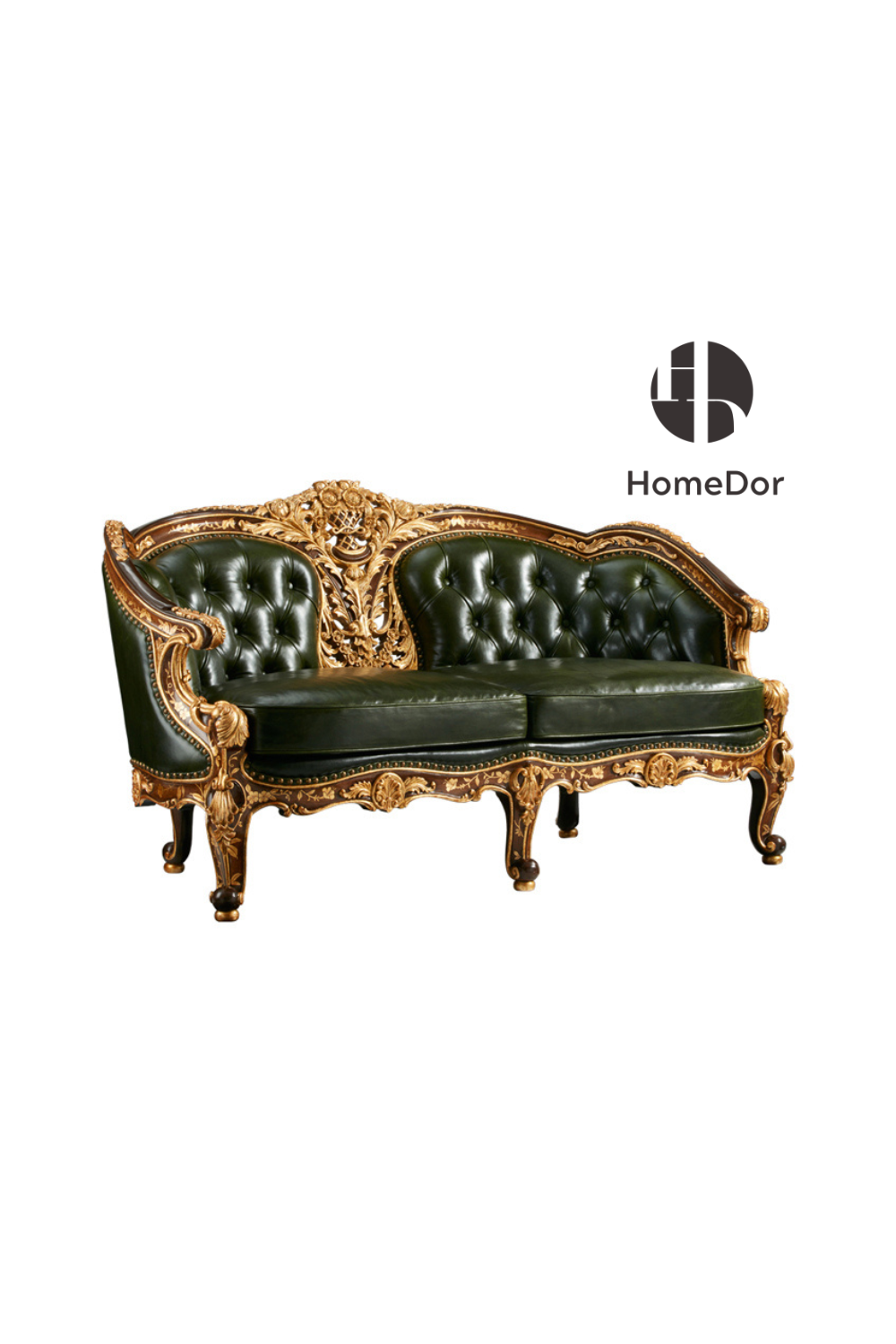 HomeDor HomeDor × FH&Home | Vintage-Inspired Antonio Series Dark Green Leather Royal Carved Sofa-Sofas-2 Seater/L174cm × W104cm × H101cm-