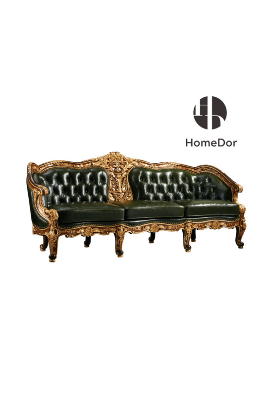 HomeDor HomeDor × FH&Home | Vintage-Inspired Antonio Series Dark Green Leather Royal Carved Sofa-Sofas-3 Seater/L241cm × W104cm × H106cm-