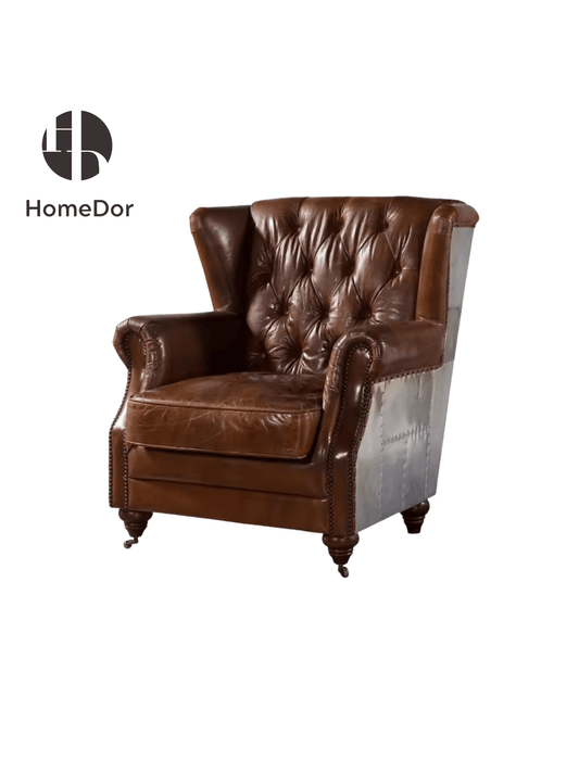 Retro Classic Oil Waxed Leather Wingback Armchair with Steel Side Back