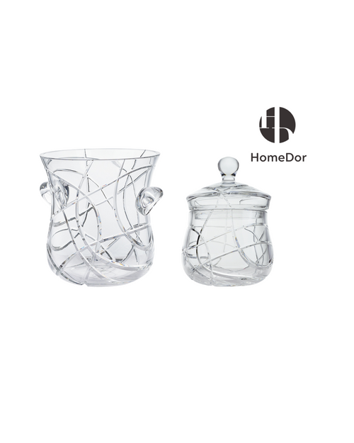 HomeDor Exquisite Crystal Ice Bucket & Jar Collection with Crackle Line Motifs-Ice Bucket/ L26cm × W26cm × H25cm-