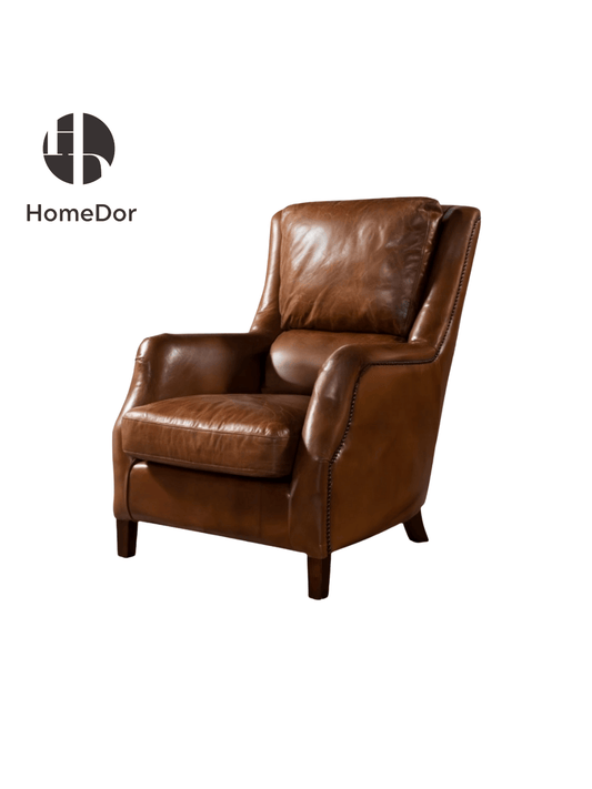 Vintage Luxury Brown Leather High Back Armchair