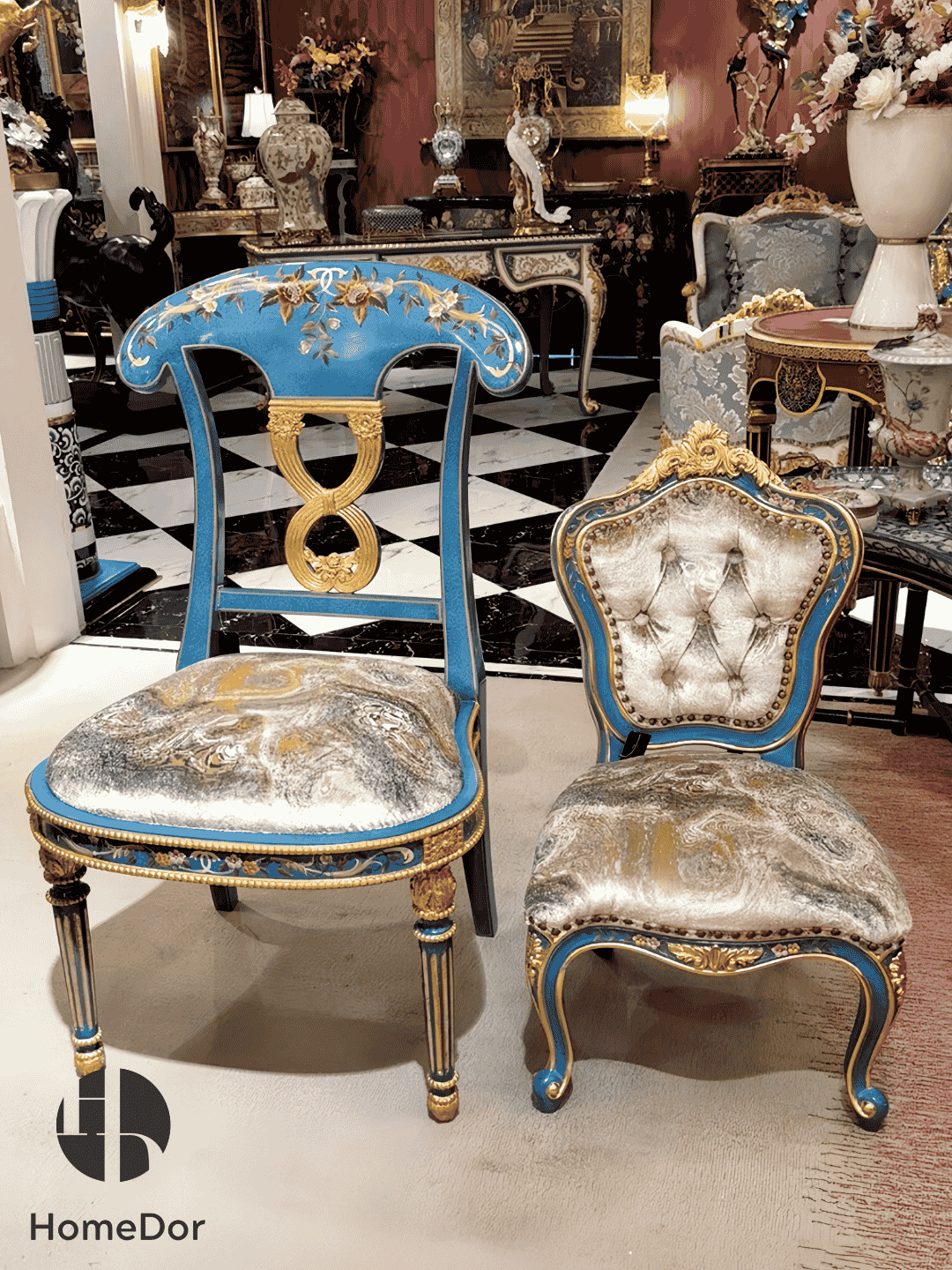 HomeDor HomeDor × FH&Home | Blue Symphony Baroque Royal Carved Luxury MINI Lounge Chair-Lounge Chairs-L44cm × W53cm × H80cm-