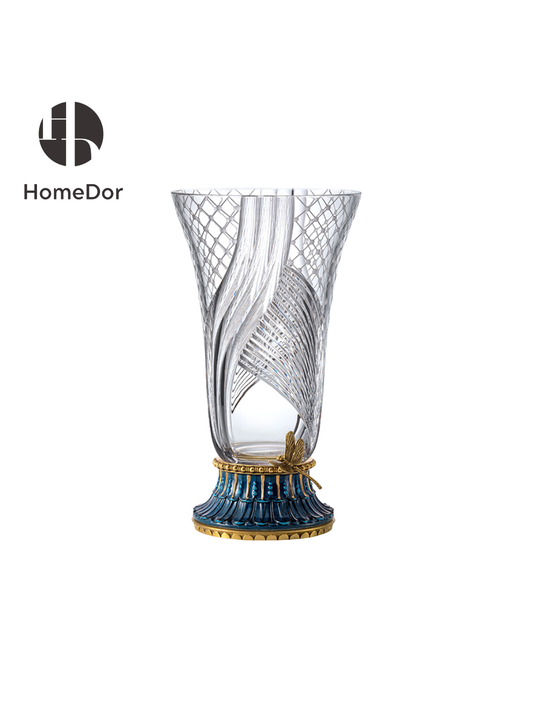 HomeDor HomeDor × FH&Home | Prague Collection Luxury Geometric-cut Crystal Vase with Blue Porcelain Accents and Gilded Details-Vases & Vessels-L26cm × W26cm × H47cm-