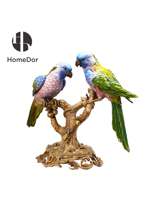 HomeDor HomeDor × FH&Home | Luxury Nature-inspired Porcelain Parrot Table Decor on Intricately Carved Copper Tree-Table Decor-Style A/L39cm × W21cm × H33cm-