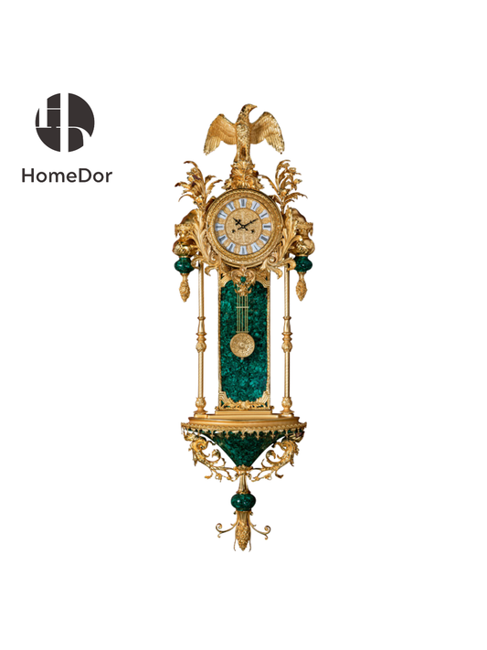 HomeDor HomeDor × FH&Home | Rococo Malachite Wall Clock with Gilded Brass Eagle and Intricate Carvings-Clocks-W50 cm × D14 cm × H160 cm-