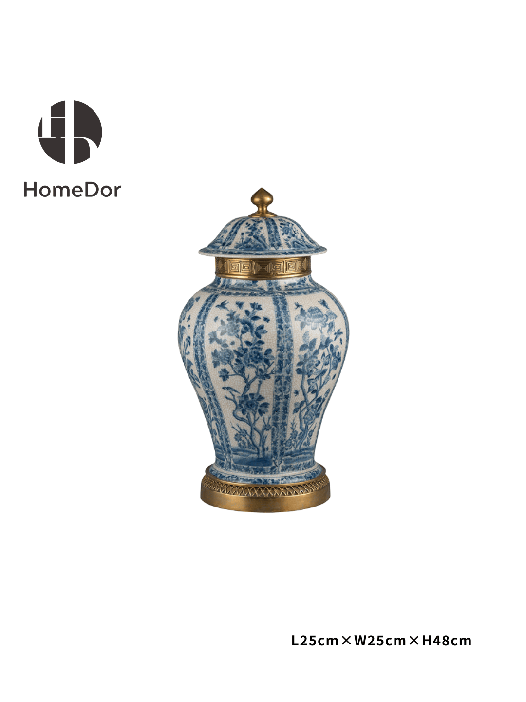 HomeDor Chinoiserie Blue and White Porcelain General Jar/Urn with Brass Details-Small: L25cm×W25cm×H48cm-