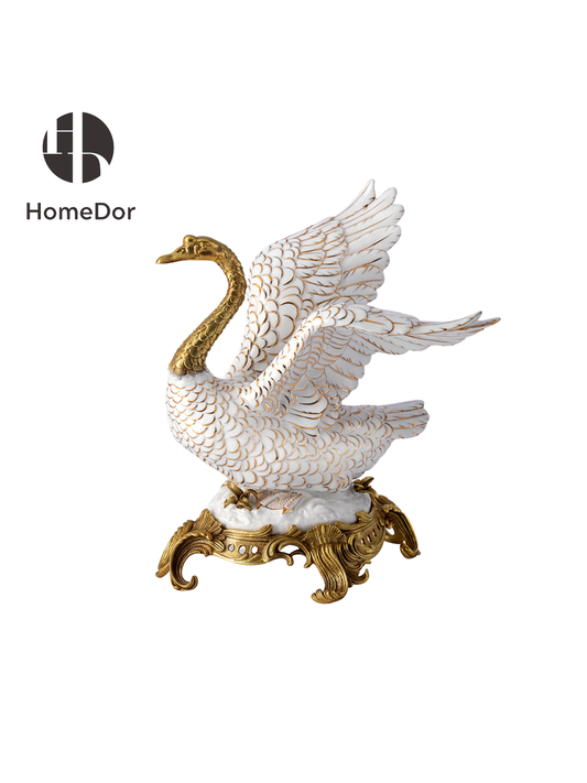 HomeDor HomeDor × FH&Home | Exquisite Baroque-inspired Porcelain Swan Sculpture with Gilded Copper Base-Table Decor-Style B/L27cm × W20cm × H34cm-