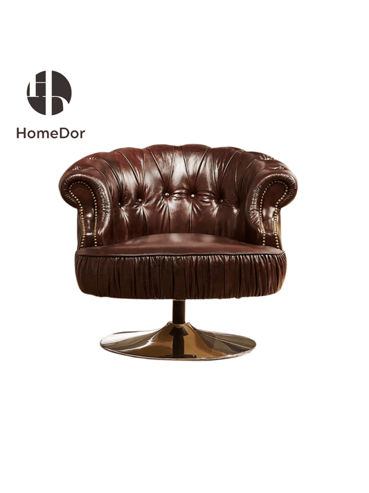Retro Tufted Leather Wingback Rotatable Chair on white background