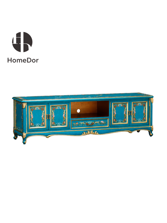 HomeDor HomeDor × FH&Home | Blue Symphony Media Console Cabinet with Hand-painted Flowers-Cabinets-L199cm × W48cm × H61cm-