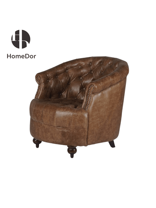 Semi Circular Leather Chesterfield Barrel Sofa Chair On White Bakcground