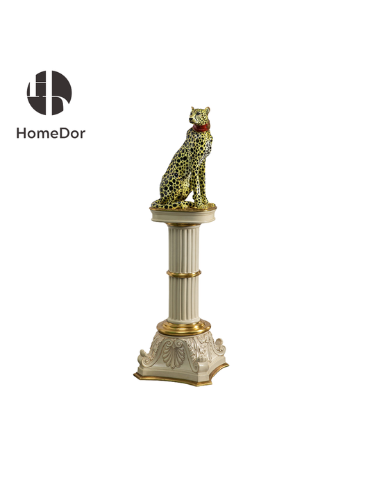 HomeDor HomeDor × FH&Home | Classic European-Style Corinthian Cheetah Sculpture with Gold Pedestal-Sculpture-Left One: L52cm × W50cm × H160cm-
