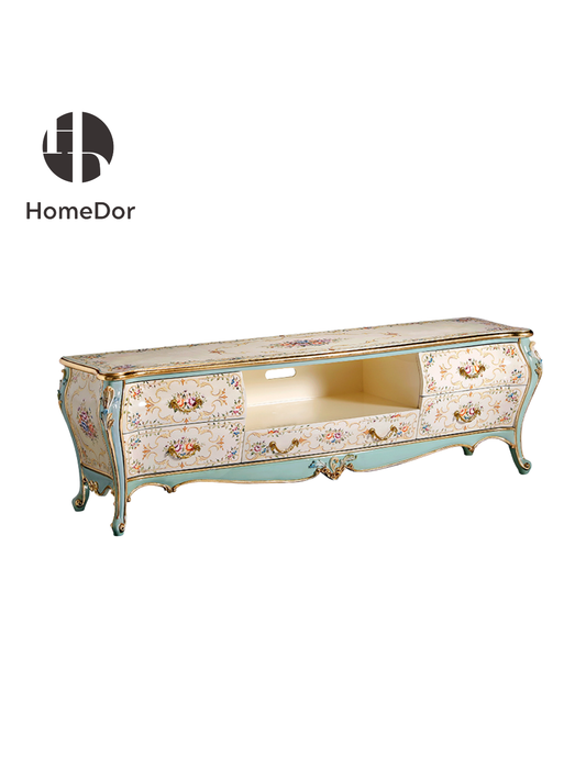 HomeDor HomeDor × FH&Home | Classic Rococo Elegance Ivory Floral Hand-Painted Carved Media Console Cabinet-L189cm × W50cm × H60cm-
