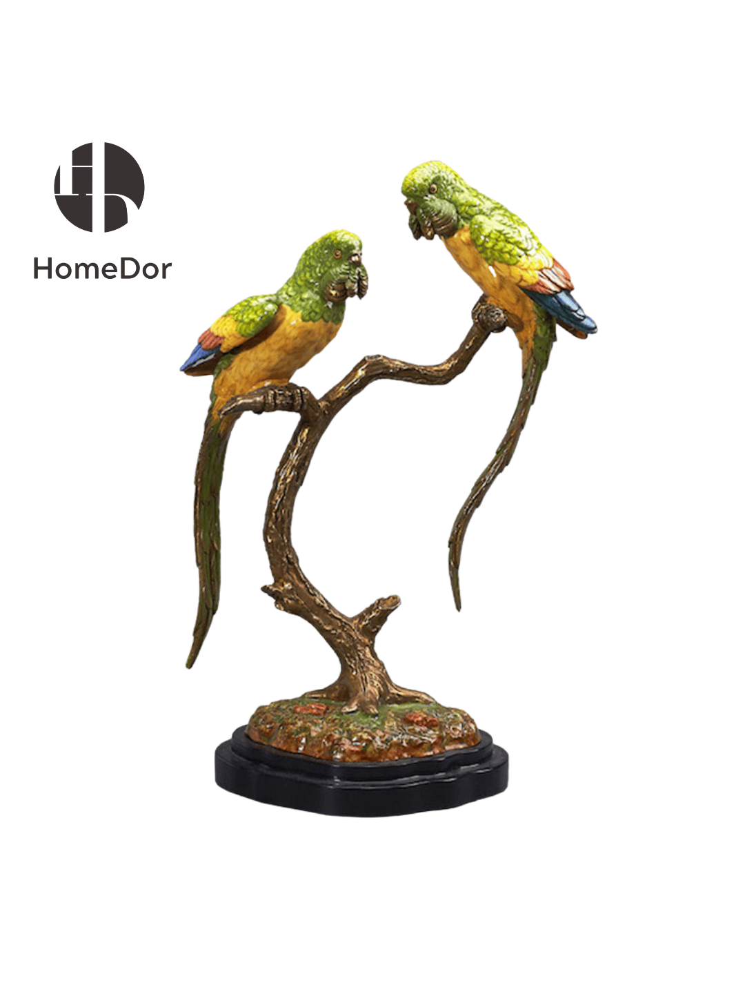 HomeDor × FH&Home | ديكور طاولة ببغاء فاخر من البورسلين، مستوحى من الطبيعة، على شجرة نحاسية منحوتة بدقة