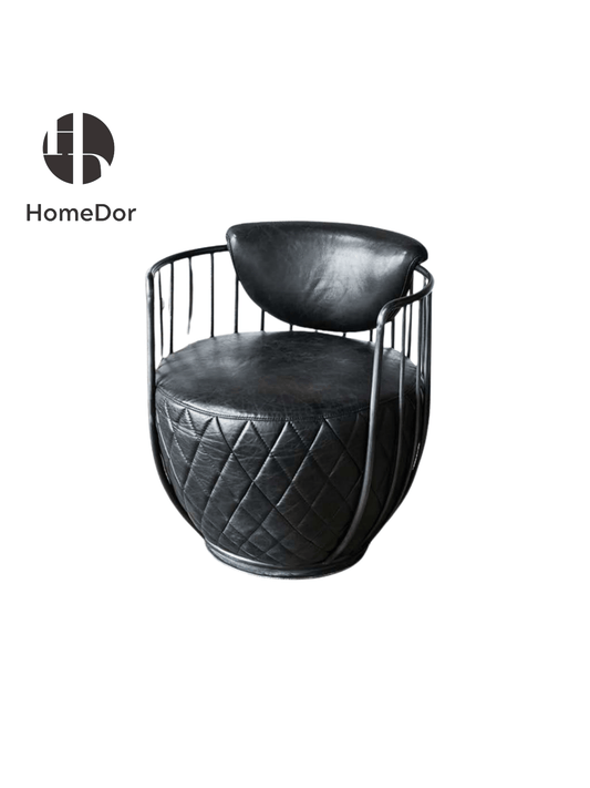 Industrial Black Leather Swivel Drum Sofa Chair on White Background