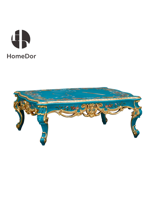 HomeDor HomeDor × FH&Home | Blue Symphony Coffee Table/End Table with Hand-painted Flowers-Coffee Tables-Coffee Table/ L124cm × W124cm × H51cm-