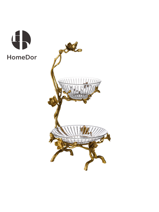 HomeDor HomeDor × FH&Home | Exquisite Golden Branch-designed Two-layer Crystal Glass Fruit Platter-Fruit Platter-Style A/ L24cm × W22cm × H46cm-