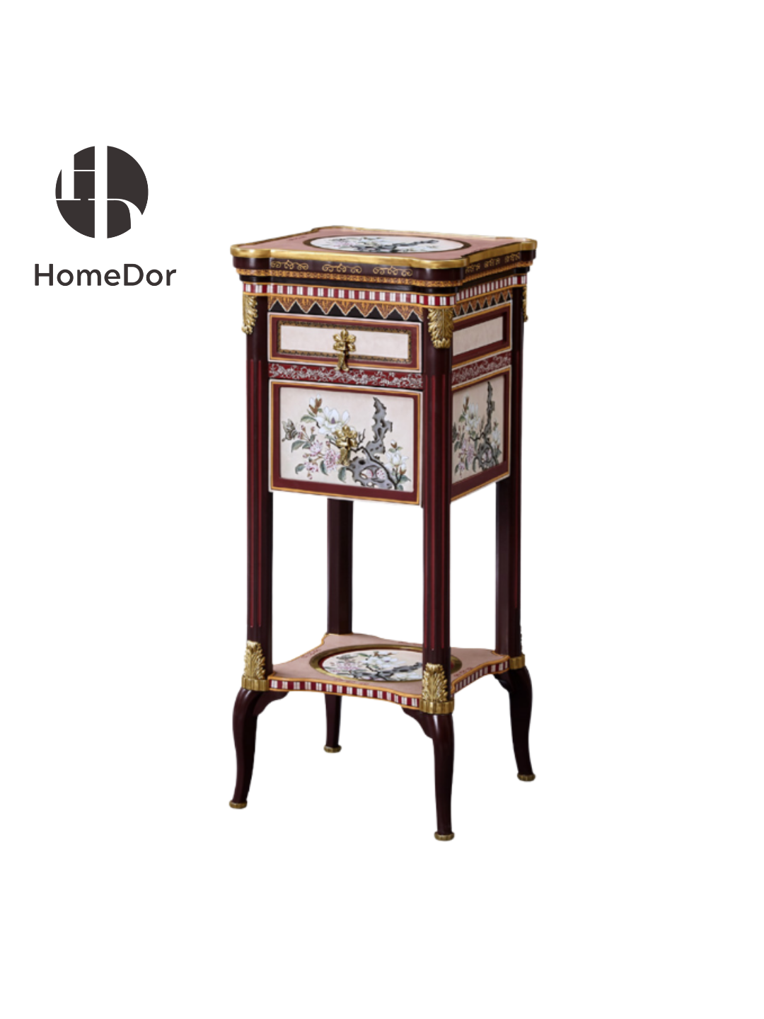 HomeDor HomeDor × FH&Home | French Orchid Porcelain Pedestal Table-L47cm x W47cm x H108cm It combines the classic allure of a wooden structure with the delicate charm of copper accents and the artistry of high-temperature porcelain featuring French orchid motifs, resulting in a piece that radiates timeless elegance and sophisticated artistry.