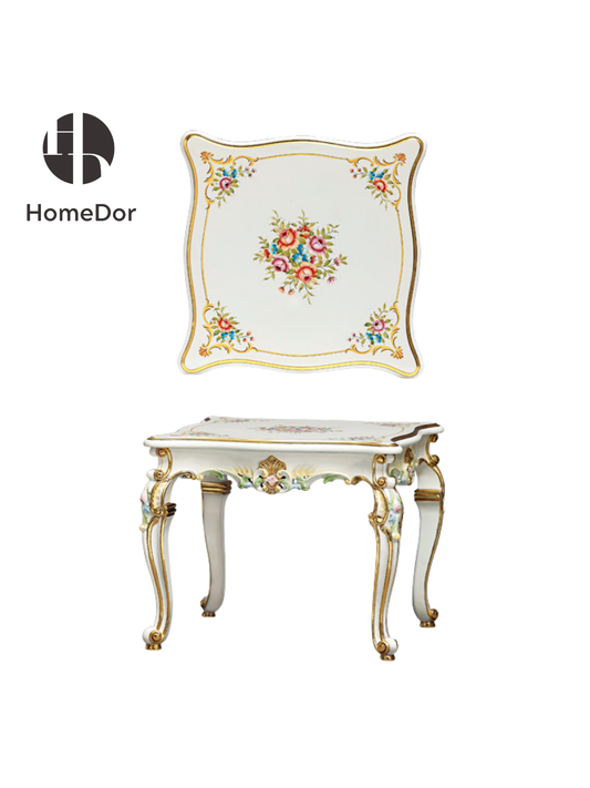HomeDor HomeDor × FH&Home | Classic Rococo Elegance Ivory Floral Hand-Painted Carved Coffee Table/End Table-End Table/Style A/L70cm × W70cm × H58cm-