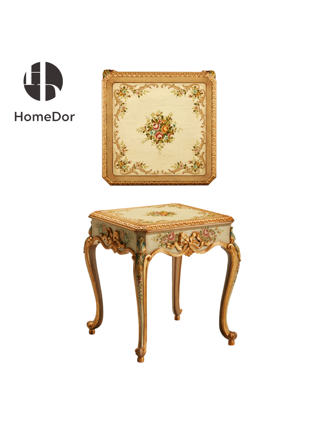 HomeDor HomeDor × FH&Home | Elegant Chinese Porcelain-Inspired Gold Bow Coffee Table/End Table-Coffee Tables-End Table/Style B/L55cm × W55cm × H62cm-