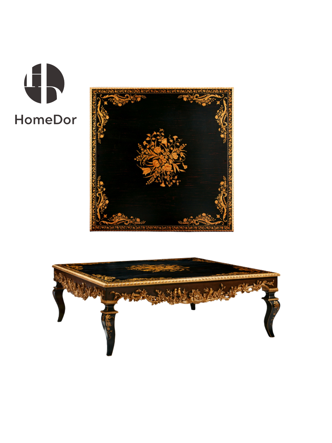 HomeDor HomeDor × FH&Home | Vintage-Inspired Antonio Series Carved Golden Blooms Coffee Table/End Table-Coffee Tables-Coffee Table/L118cm × W118cm × H53cm-