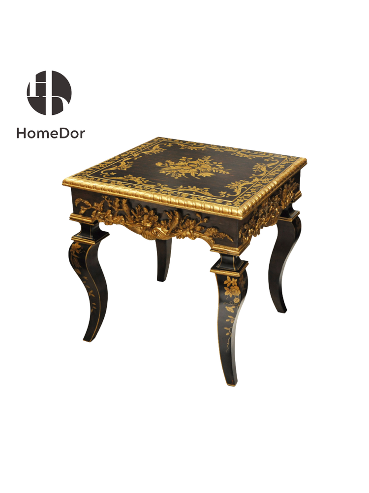 HomeDor × FH&Home | Mesa auxiliar/de centro de inspiración vintage con flores doradas talladas de la serie Antonio