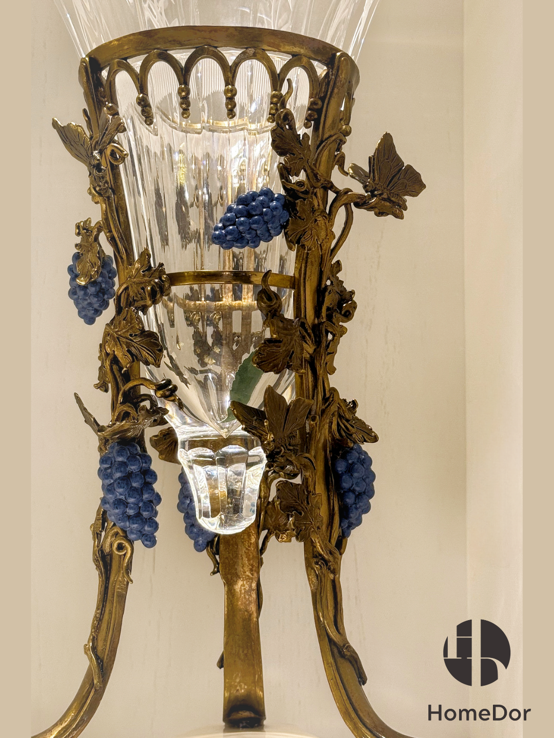 HomeDor HomeDor × FH&Home | Prague Collection European Style Crystal Glass Vase with Brass Vines and Blue Grapes-Vases & Vessels-L26cm × W26cm × H56cm-