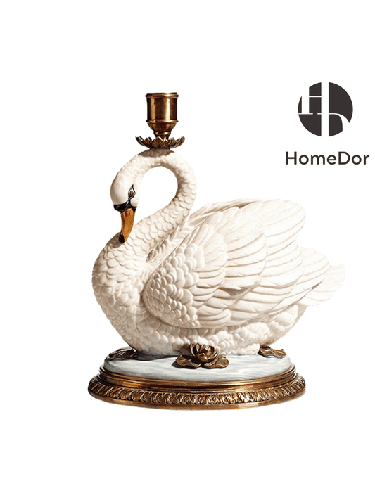 HomeDor HomeDor × FH&Home | Exquisite Classical Porcelain Swan Candle Holder Copper Candelabra-Candelabras-Left/L26cm × W18cm × H28cm-