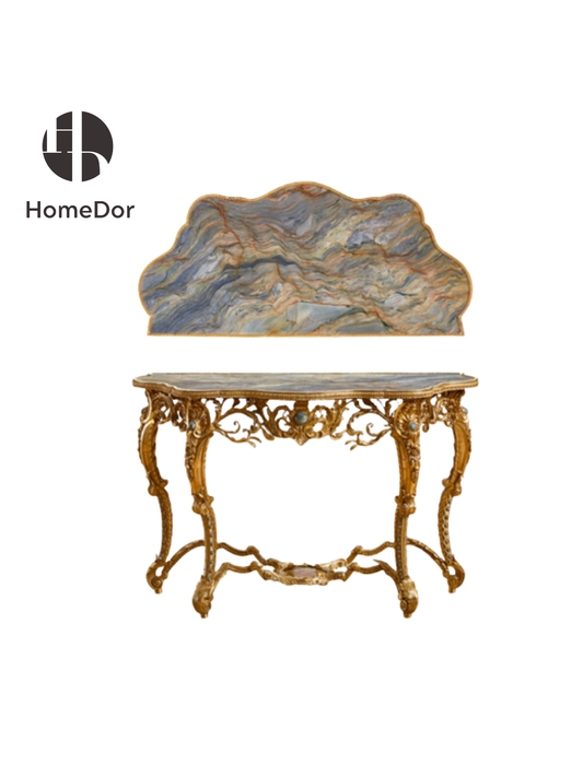HomeDor HomeDor × FH&Home | Luxurious Marble-Top Console with Brass Detailing-L140cm × W65cm × H89cm-