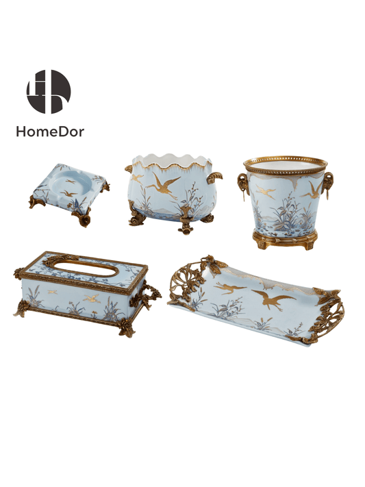 HomeDor × FH&Home | Elegant European Porcelain Table Decor Set with Gold-painted Crane Motifs