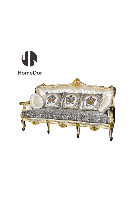 HomeDor HomeDor × FH&Home | Royal Blue and Gold Carved Mahogany Sofa with Crown Embroidered Cushions-3 Seater/L210cm× W93cm × H115cm-