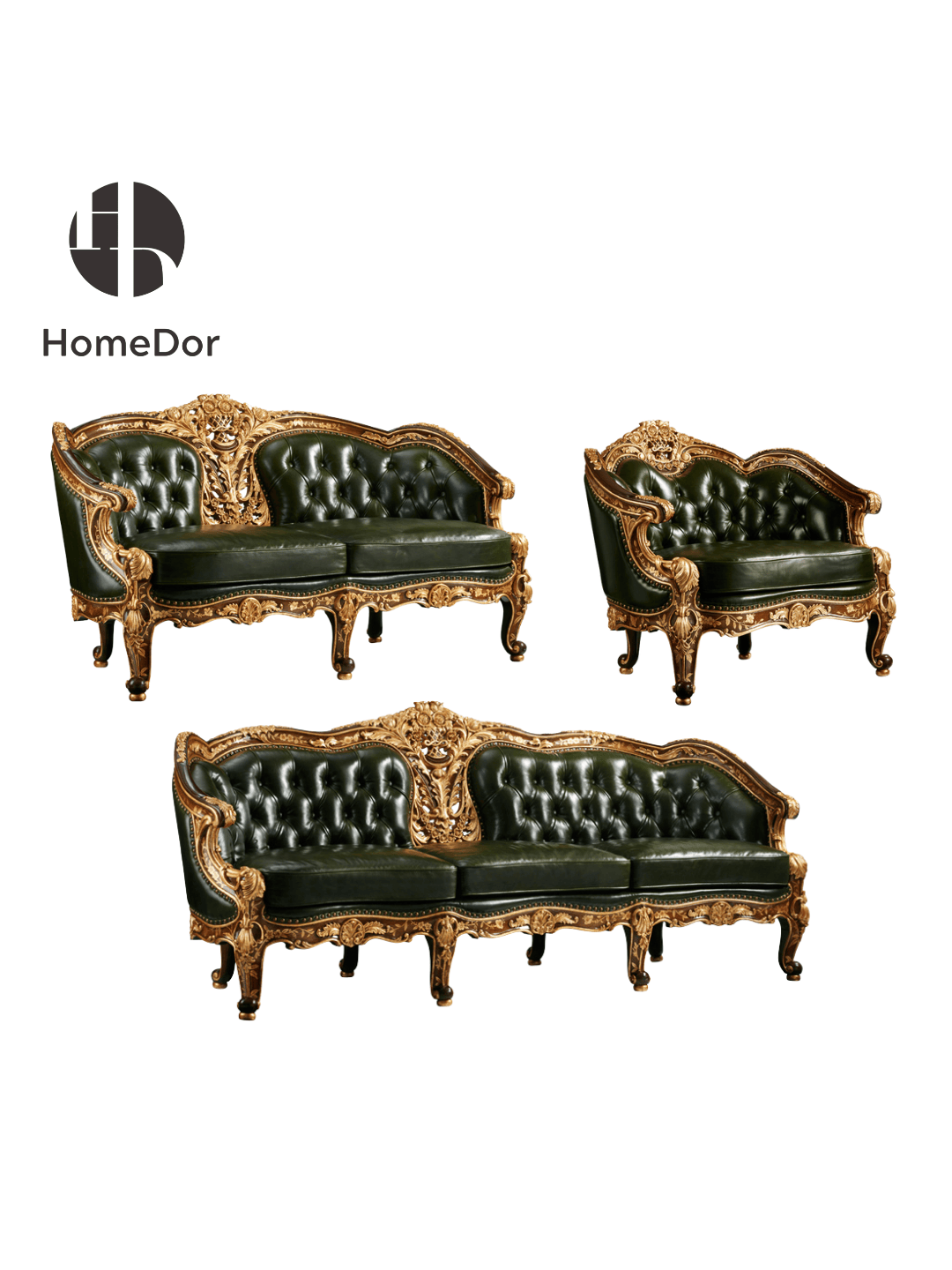 HomeDor HomeDor × FH&Home | Vintage-Inspired Antonio Series Dark Green Leather Royal Carved Sofa-Sofas-The Whole Set-