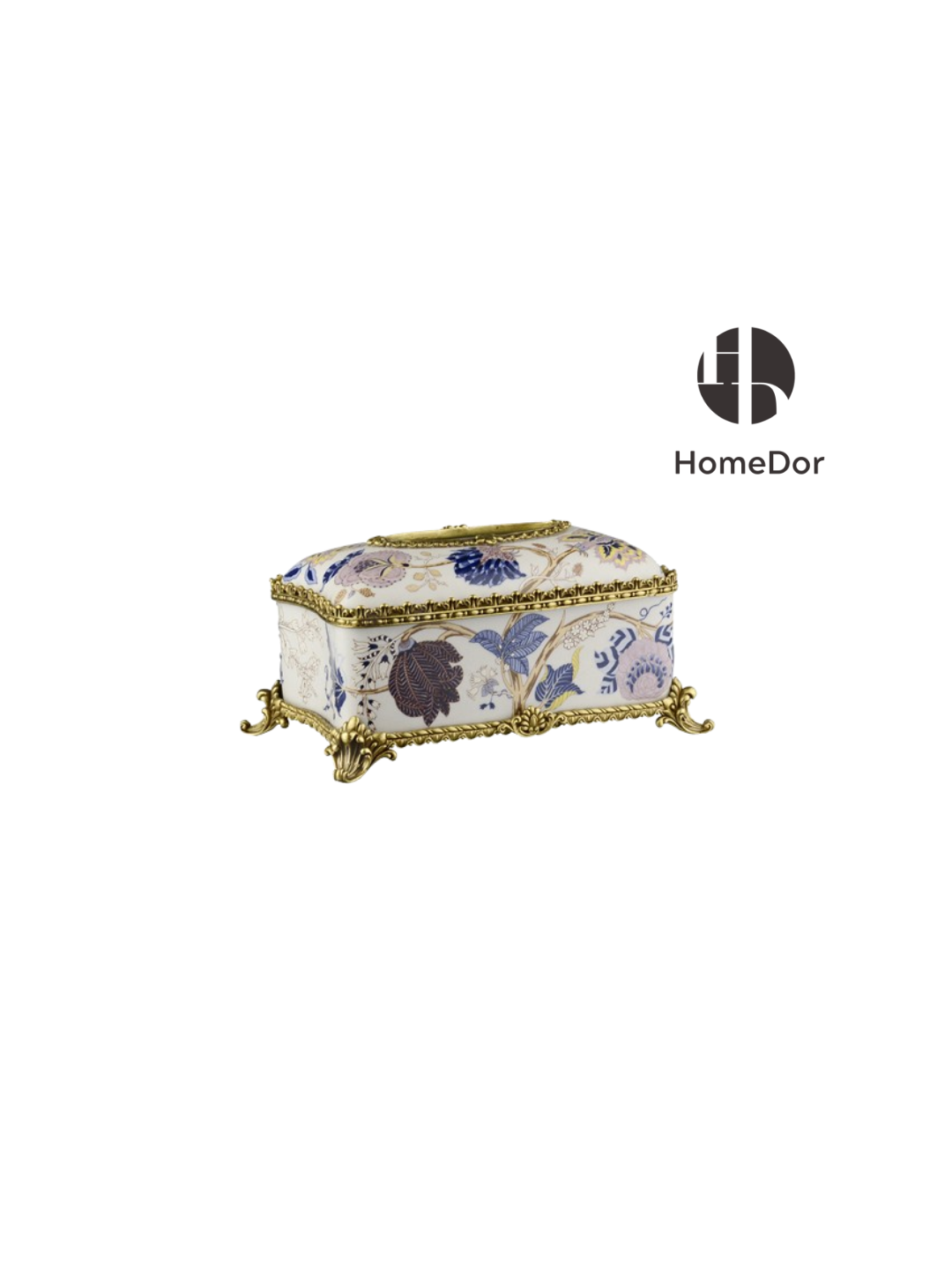 HomeDor Artistic Pink Blue Porcelain & Lustrous Brass Elegance Table Decor Sets-Tissue Box: L26cm X W15cm X H13cm-
