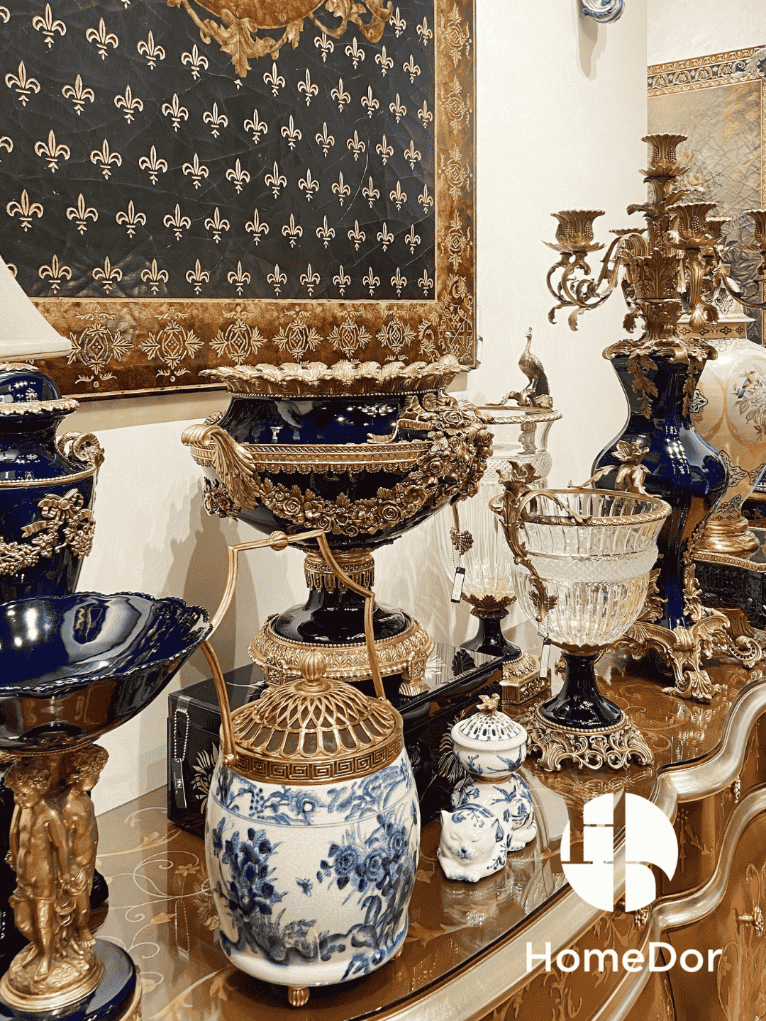 HomeDor Eternal Navy Opulence Porcelain Urn Shaped Vase-Vases & Vessels-L44cm X W38cm X H40cm-