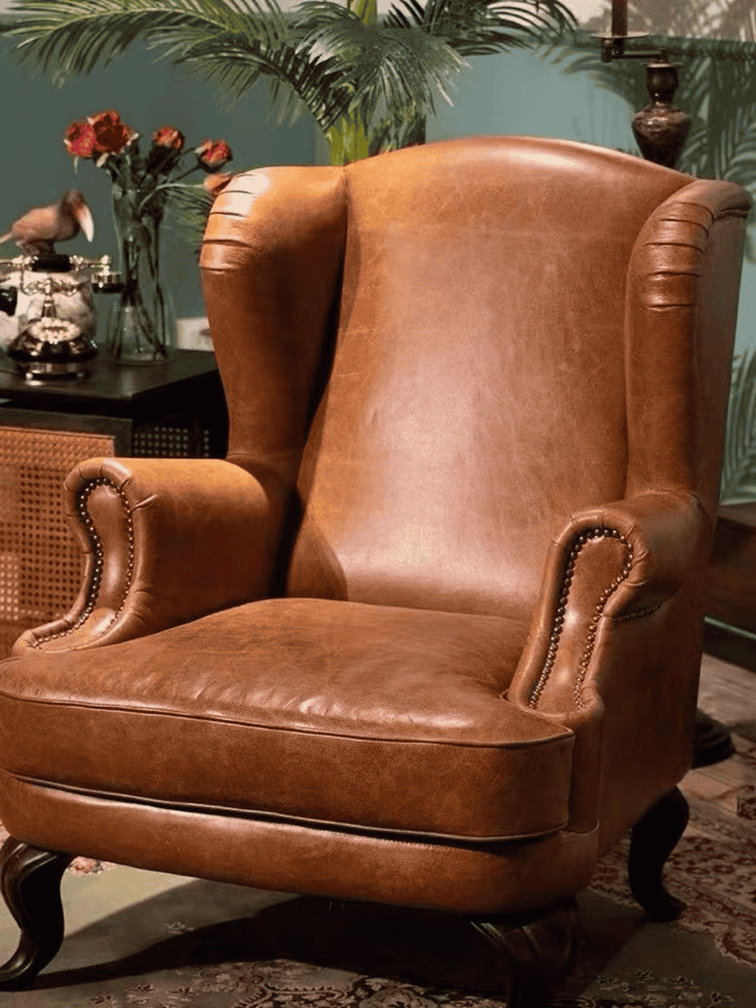 Luxury Classic Brown Leather Designer Wingback Sofa Chair